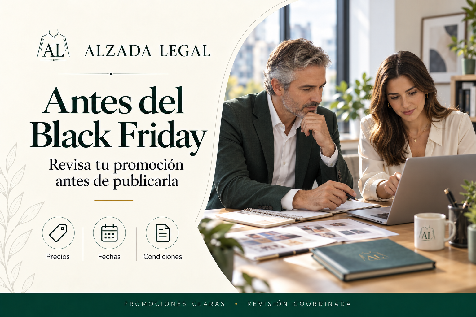 Dos profesionales revisando una promoción comercial con un portátil y documentos