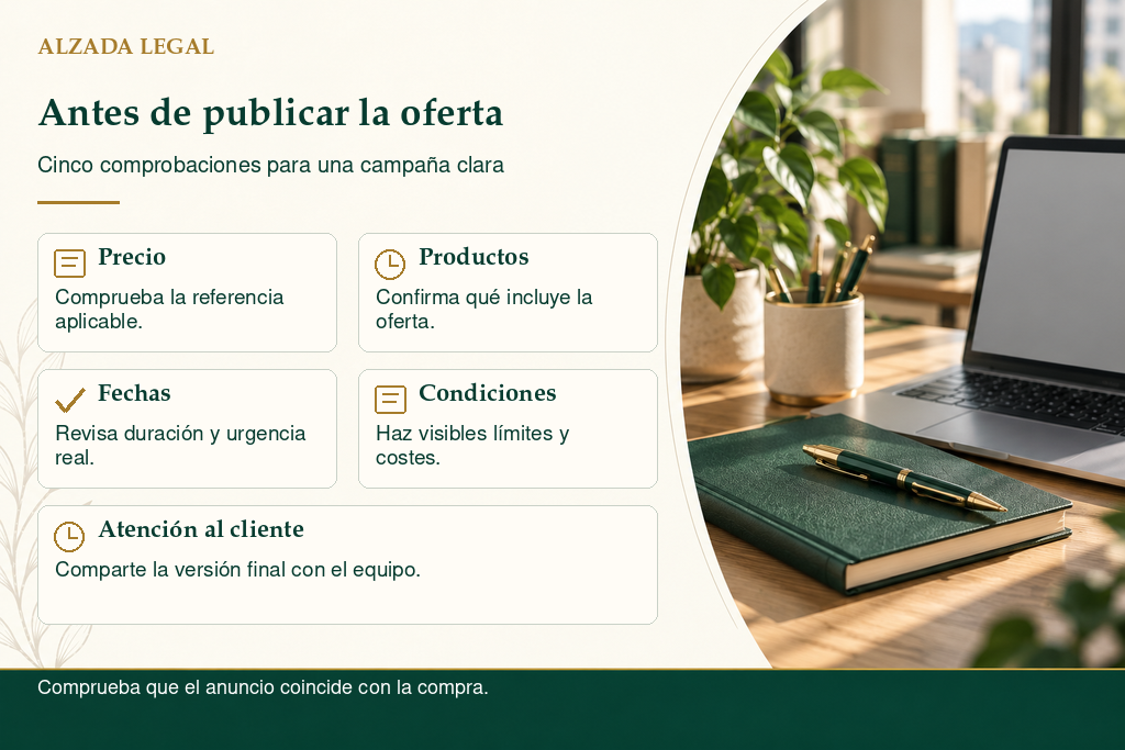 Lista de revisión de una promoción: precio, productos, fechas, condiciones y atención al cliente