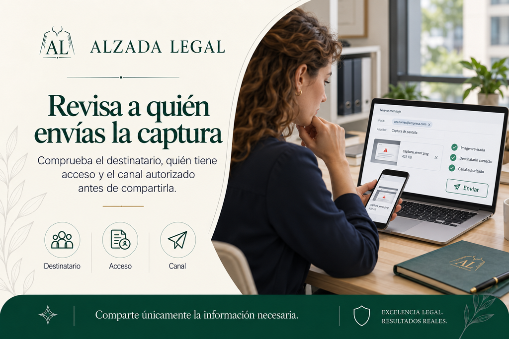 Profesional revisando una captura adjunta a un correo con comprobaciones de imagen, destinatario y canal autorizado.