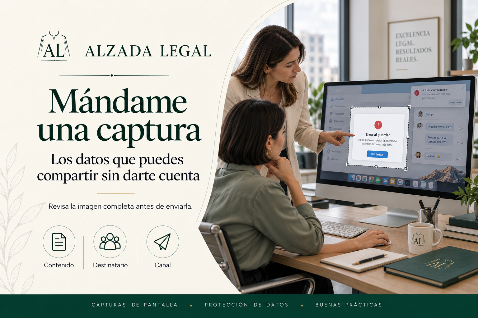 Dos profesionales revisan una captura de pantalla y seleccionan el mensaje de error para excluir información ajena a la consulta.