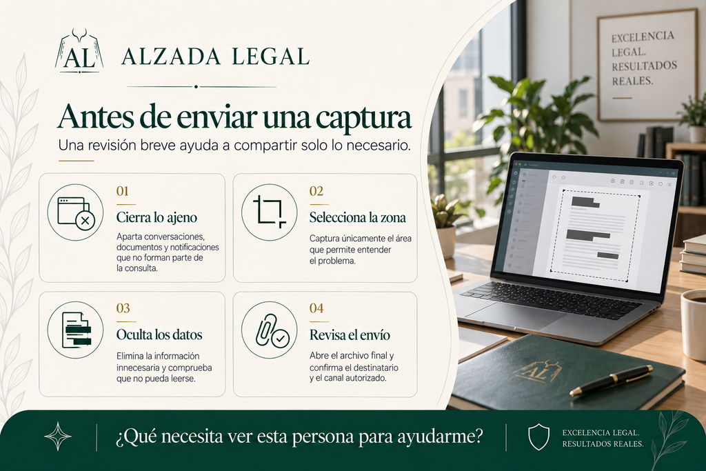 una captura de pantalla	Infografía con cuatro pasos: cerrar lo ajeno, seleccionar la zona, ocultar los datos y revisar el envío.
